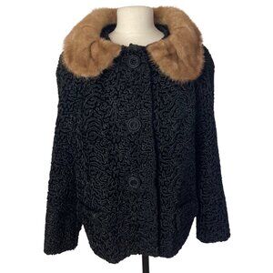 Vintage 60s Astrakin Lepshire Coat Large Black Faux Lamb Mink Collar France